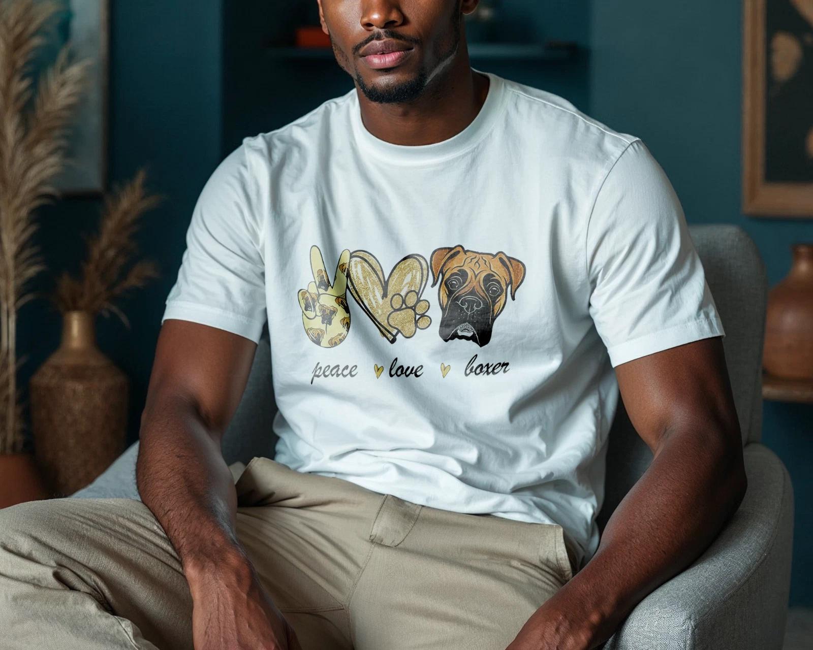 Peace Love Boxer Dog T-Shirt Cute Pet Lover Graphic Tee Gift for Boxer Owners 3XL