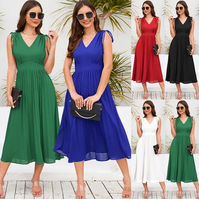 Women's High Waist Solid Color Sleeveless Slim Pleated  Sexy V-neck European and American Dresses Plus Size