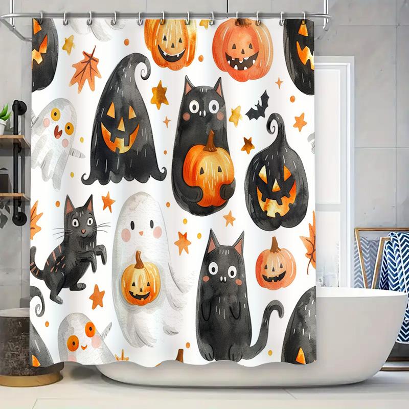 

Halloween-Themed Shower Curtain Featuring Black Cats, Pumpkins, Ghosts, And Bats Perfect For A Spooky Bathroom Decor! W60H190(CM)-1 Pcs
