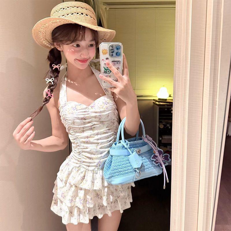 Costume da bagno intero floreale retrò francese da donna per seno piccolo, con effetto snellente, conservatore, per vacanze calde
