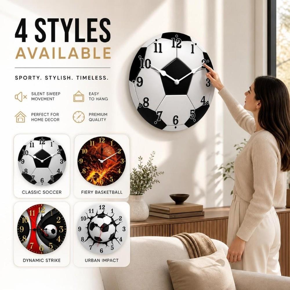 30cm Round Wall Clock Silent Soccer Quartz Clock Modern Football-Themed Wooden Clock  Home Office