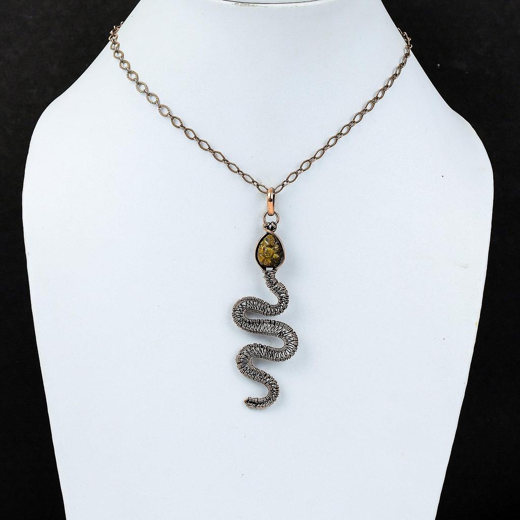 Carved Tiger's Eye Pendant Copper Wire Wrapped Pendant Snake Pendant Gemstone Copper Jewelry Handmade Pendant Wire Wrap Jewelry Gift For Him