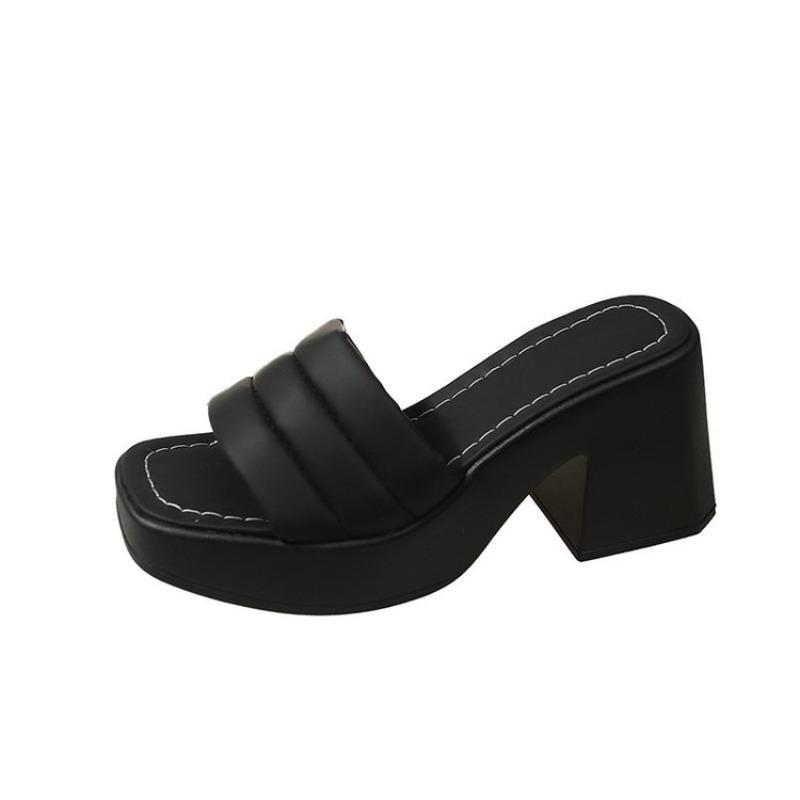 

Thick-soled one-word slippers women s summer new thick-heeled square-head slippers summer wear high-heeled broadband strip sandals 35