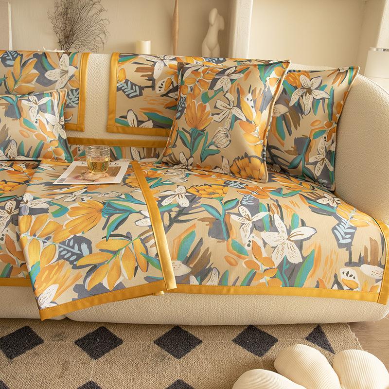 Light Luxury Style American Summer Cool Feeling Ice Silk Mat Sofa Cushion Living Room Dirt Resistant Protection Sofa Cool Cushion Washable