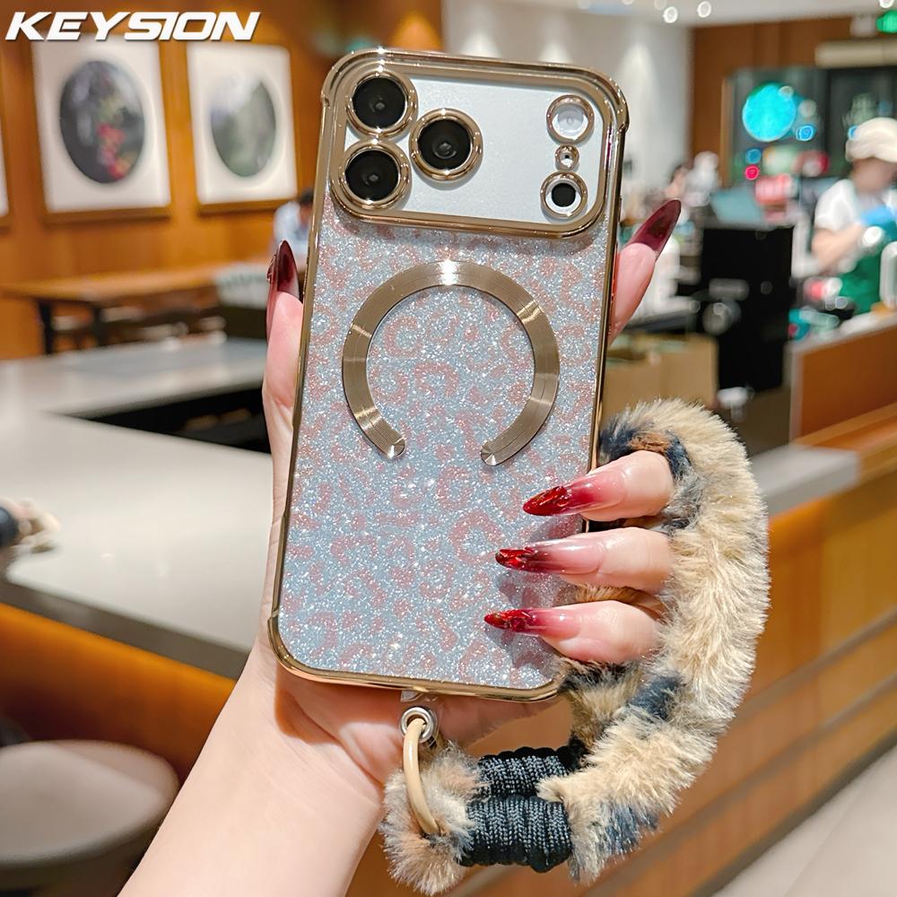 KEYSION Glitter Leopard Print Magnetic Phone Case for iPhone 13 14 15 16 17 Pro Max 17 Air 16 Plus With Plush Lanyard Shockproof Cover