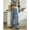 Autumn Winter Ladies Cargo Jeans American Street Style Baggy Cargo Pants Women Blue Multi Pocket Wide Leg Jeans Women