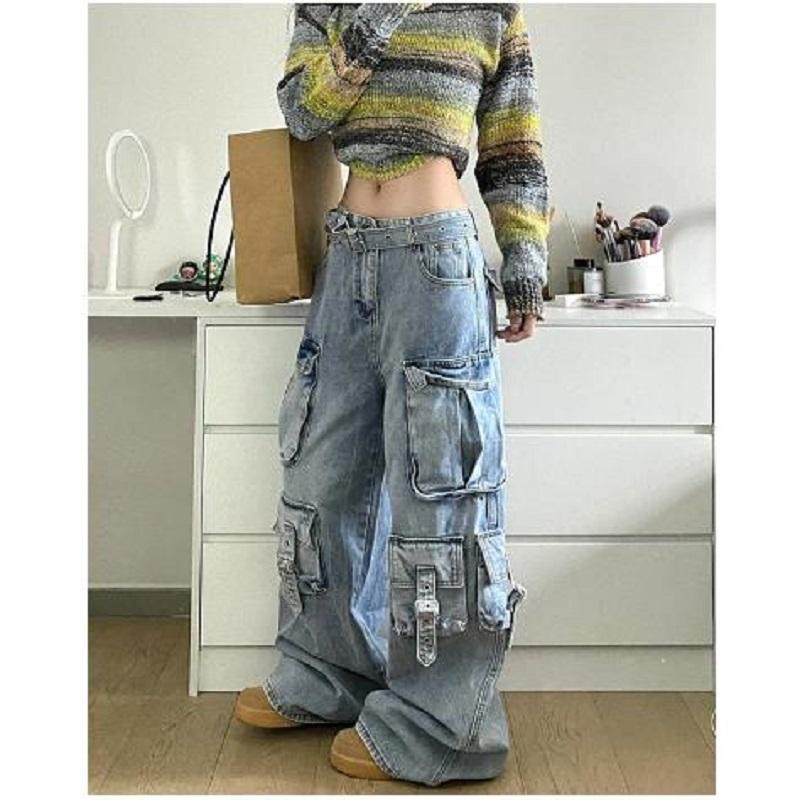 Autumn Winter Ladies Cargo Jeans American Street Style Baggy Cargo Pants Women Blue Multi Pocket Wide Leg Jeans Women