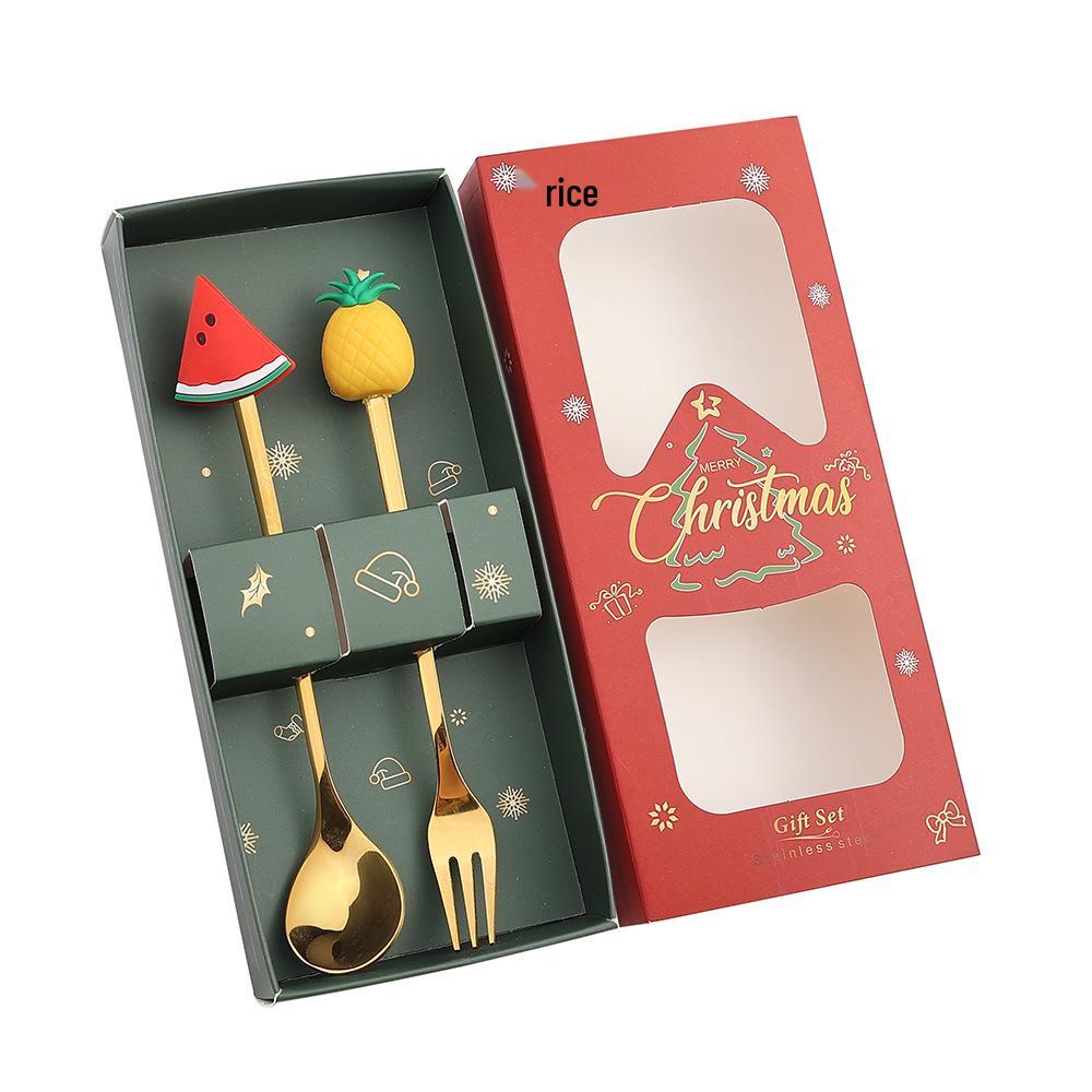 Cross-Border Christmas Stainless Steel Fork & Spoon Gift Set - Reindeer & Snowman Cartoon Pattern Dessert Gold Cutlery