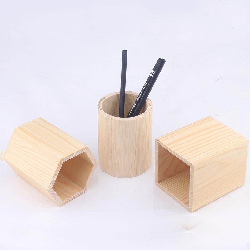 Pencil Holder Office Desk Wood Square/Round/Hexagon Pen Holder Pen Pot Cup Case Container Stationery Storage Organiser Supplies