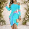 Women Plus Size Chain Strap Cold Shoulder Long Sleeve Printed Turquoise Asymmetrical Hem Bodycon Dress