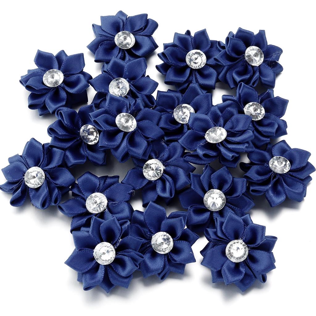 20pcs 4cm Mini Satin Ribbon Flowers Colorful Rhinestone Handmade Flowers For DIY Clothing Sewing Headwear Decoration Accessories