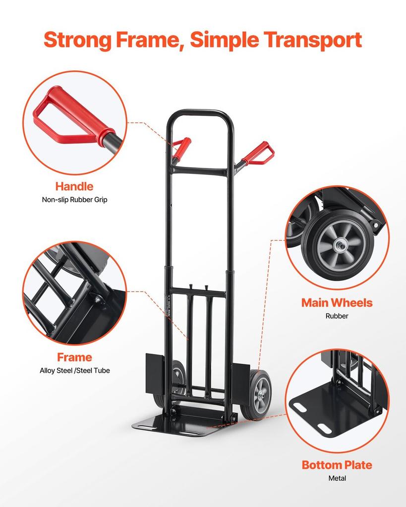 Hand Truck, 272 Kg Load Capacity, Heavy-Duty Hand Truck Dolly with Wheels & Telescoping Handle, Portable Trolley Dolly with Tie-down Strap for Moving