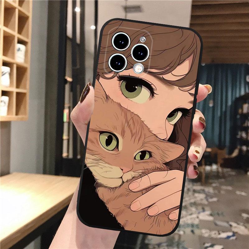 Anime Girl Woman Holding a Cat Phone Case For iphone 16 15 14 Pro Max 16 15 14 13 12 Pro 15Plus iphone 11