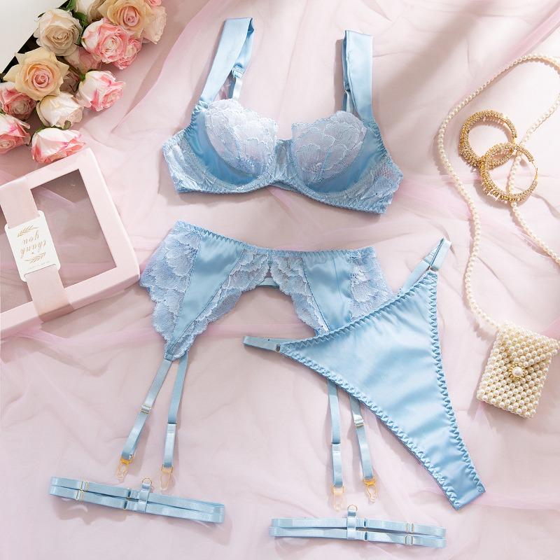 Sexy lace perspective underwear women gather tight seduction four-piece suit