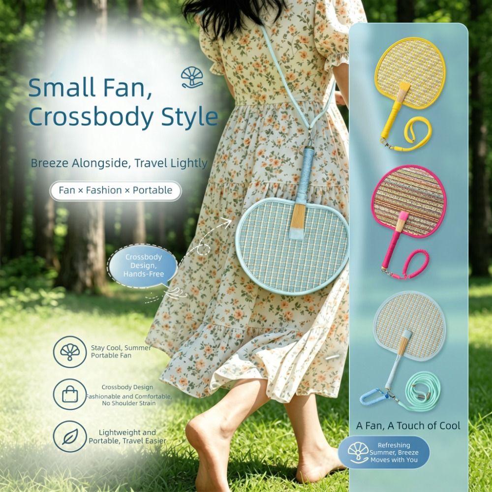 Vibrant Colors Handwoven Fan Handmade Round Hand Cranked Fan with Elastic Lanyard with Adjustable Rope Straw Hand Fan Photo Prop