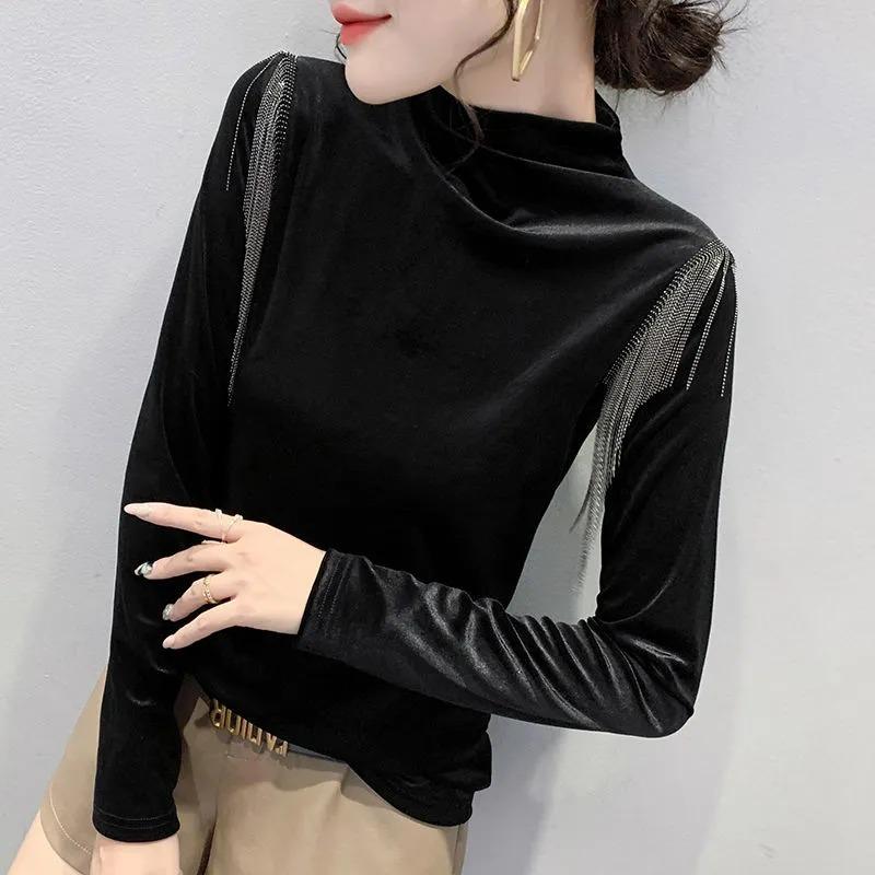 

Women s Black Velvet Turtleneck Long Sleeve Top with Chain Tassel Decor Slim Fit Fashion Blouse S чорний