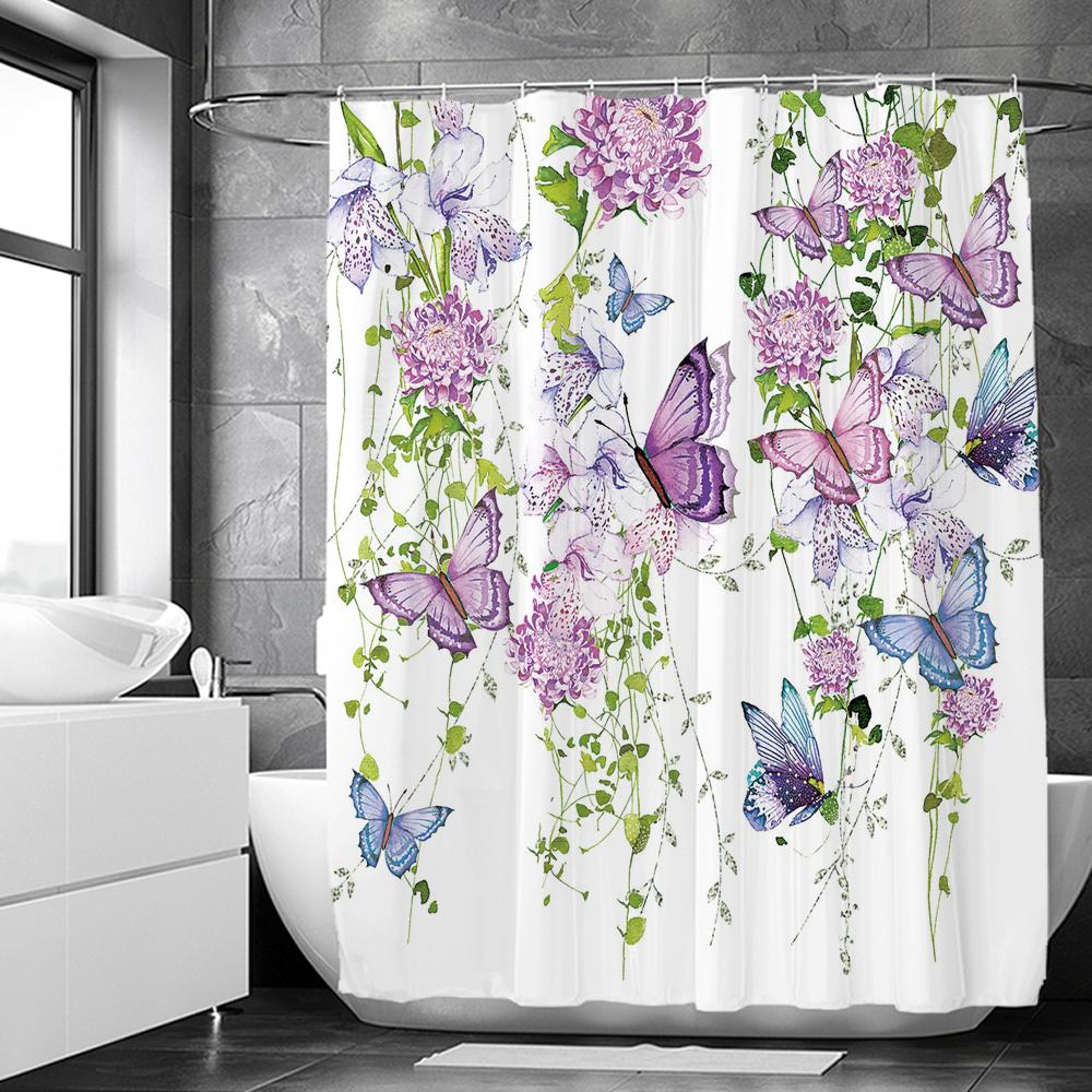 

Watercolor Purple Butterfly Floral Shower Curtain 180cm*180cm with Hooks, Waterproof Shower Curtain, Bath Curtains for Bathroom 90x180cm-35x70in