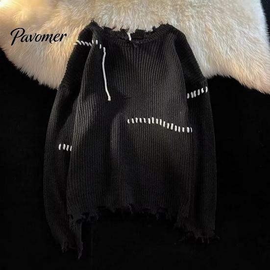 Hip HopSweater Men Fall Winter Sweater Ripped Tassel Solid Color Fringe Round Neck Long Sleeve Knitted Mid Length Loose Soft Warm Pullover Women