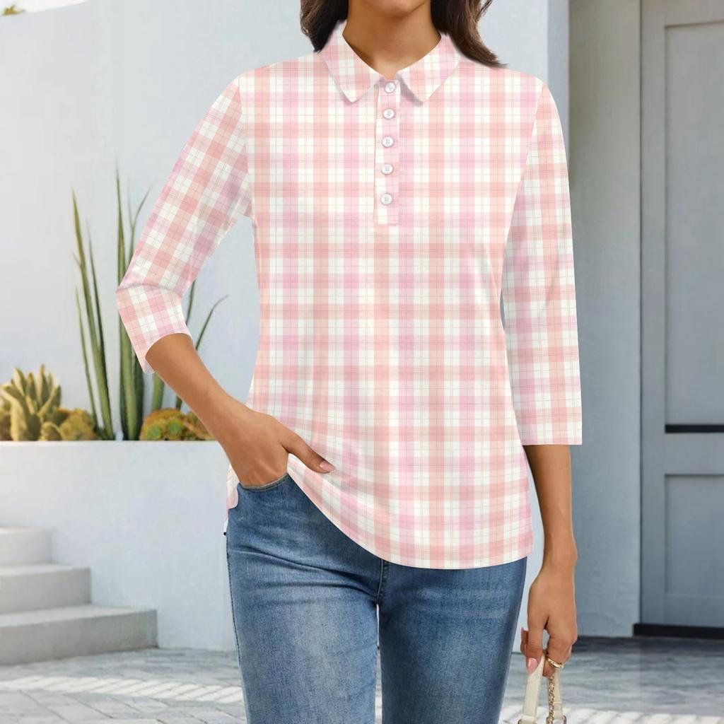 Dámská móda Ležérní klopa Krátký 3/4 rukáv Potisk Košile Dámské zapínací topy