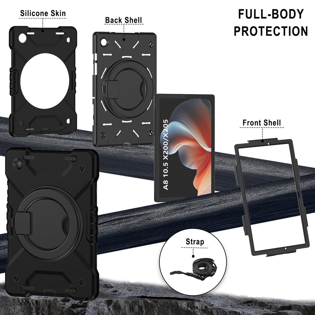 Hybrid Stand Case for Samsung Galaxy Tab A8 10.5 SM-X200 X205 X207 Armor Cover With Rotating Portable Handle Grip Shoulder Strap