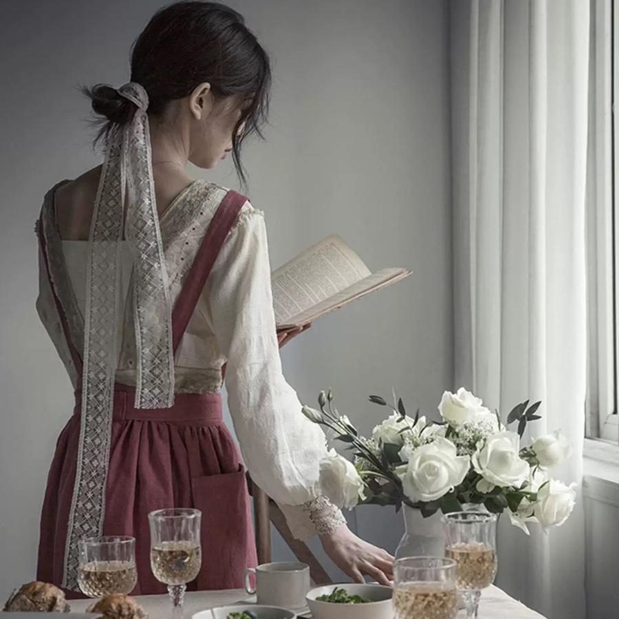 Flouncing Pinafore French Pastoral Florist Artsy Cotton Linen Vintage Apron Kitchen Baked Nordic Solid Color Ruffled Apron