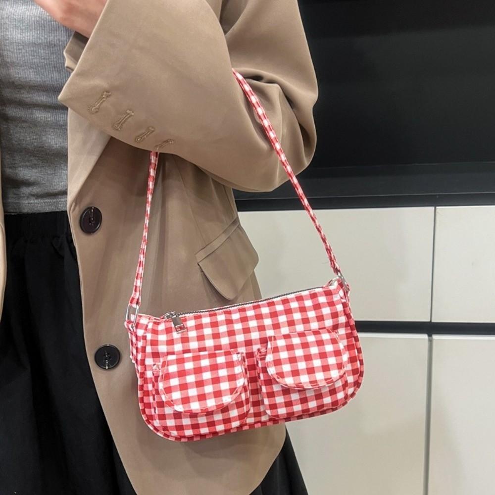 Korean Style Canvas Handbag Harajuku Underarm Bag Versatile Plaid Shoulder Bag  Women
