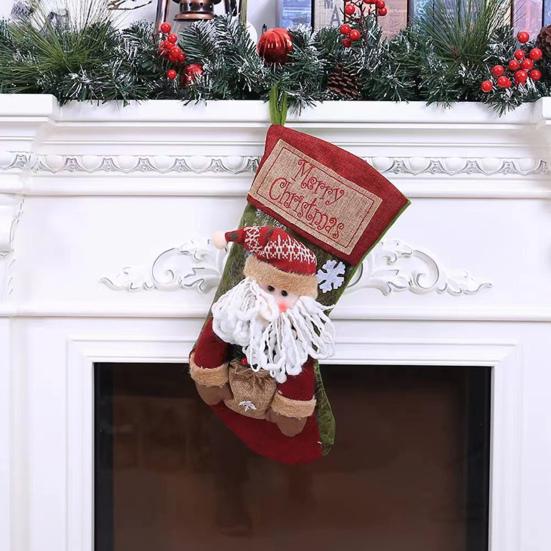 18" Christmas Stocking 3D Plush Santa Snowman Reindeer Design Hanging Burlap Stocking for Farmhouse Holiday Decor