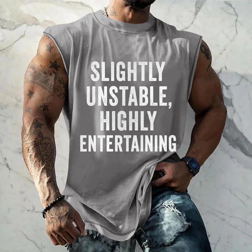 Men’s Sleeveless Casual Loose Fit T Shirt with Slightly Unstable Highly Entertaining Graphic Print Crew Neck Top