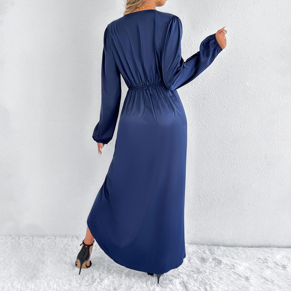 Damen Rostorange Satin V-Ausschnitt Puffärmel Wickel verdrehte Taille Schlitz Midi-Kleid