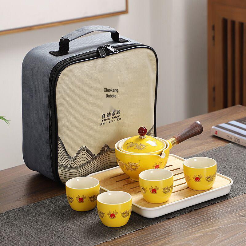 Compact Travel Tea Set with Automatic Rotating Teapot and Side Handle Kung Fu Cups