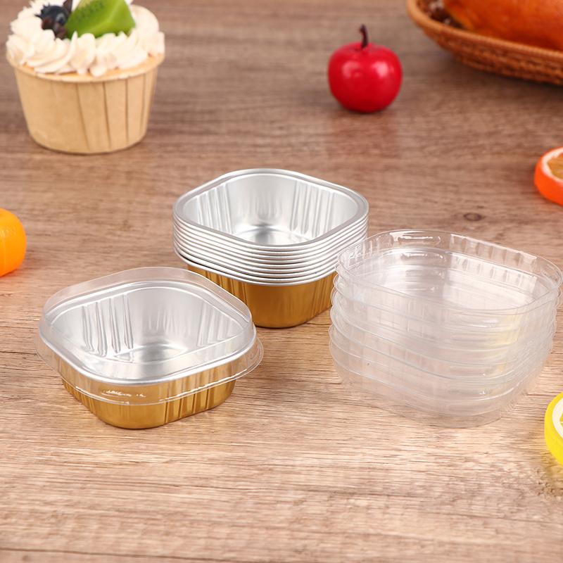 10Pcs Square Aluminum Foil Baking Cups with Lids Heat Resistant Cupcake Liner Molds Dessert Cake Box With Lid Pastry Tools