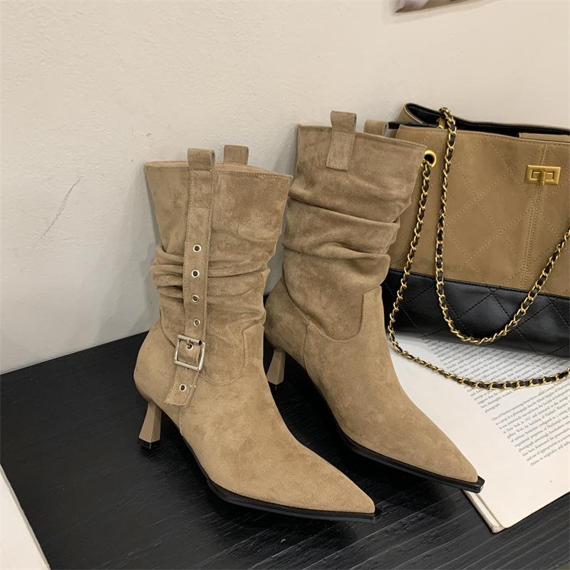 2025 New Retro Suede Pointed High-heeled Pleated Piled Boots Autumn and Winter New Belt Buckle Western Medium Boots Women