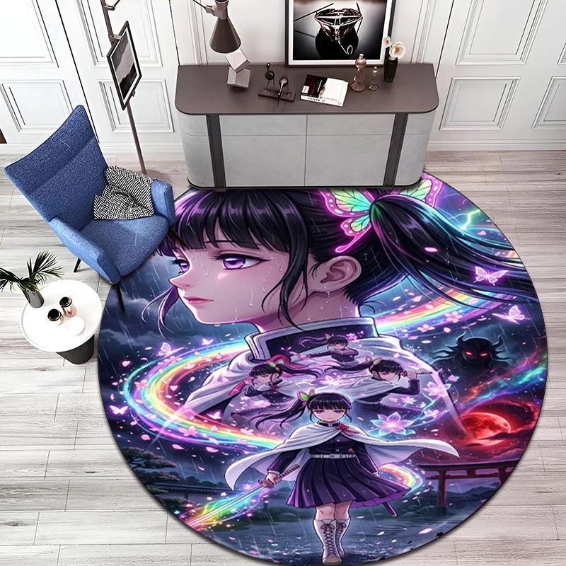 Classic Japanese-style Cartoon Demon Slayer Round Rug, Home Soft Decorative Anti-slip Yoga Mat and Chair Mat, Outdoor Floor Mat Carpet K27