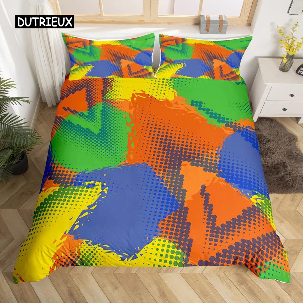 Set Husă Plapumă Geometrie King Albastru Alb Negru Triunghiuri Dungat Set Lenjerie de Pat Poliester Vintage Desenat Manual Dungă Groasă Husă Plapumă