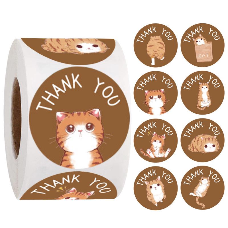 500 Sheets/Roll Cute Cartoon Cat Thank You Stickers - Round Self-Adhesive Envelope Seals
