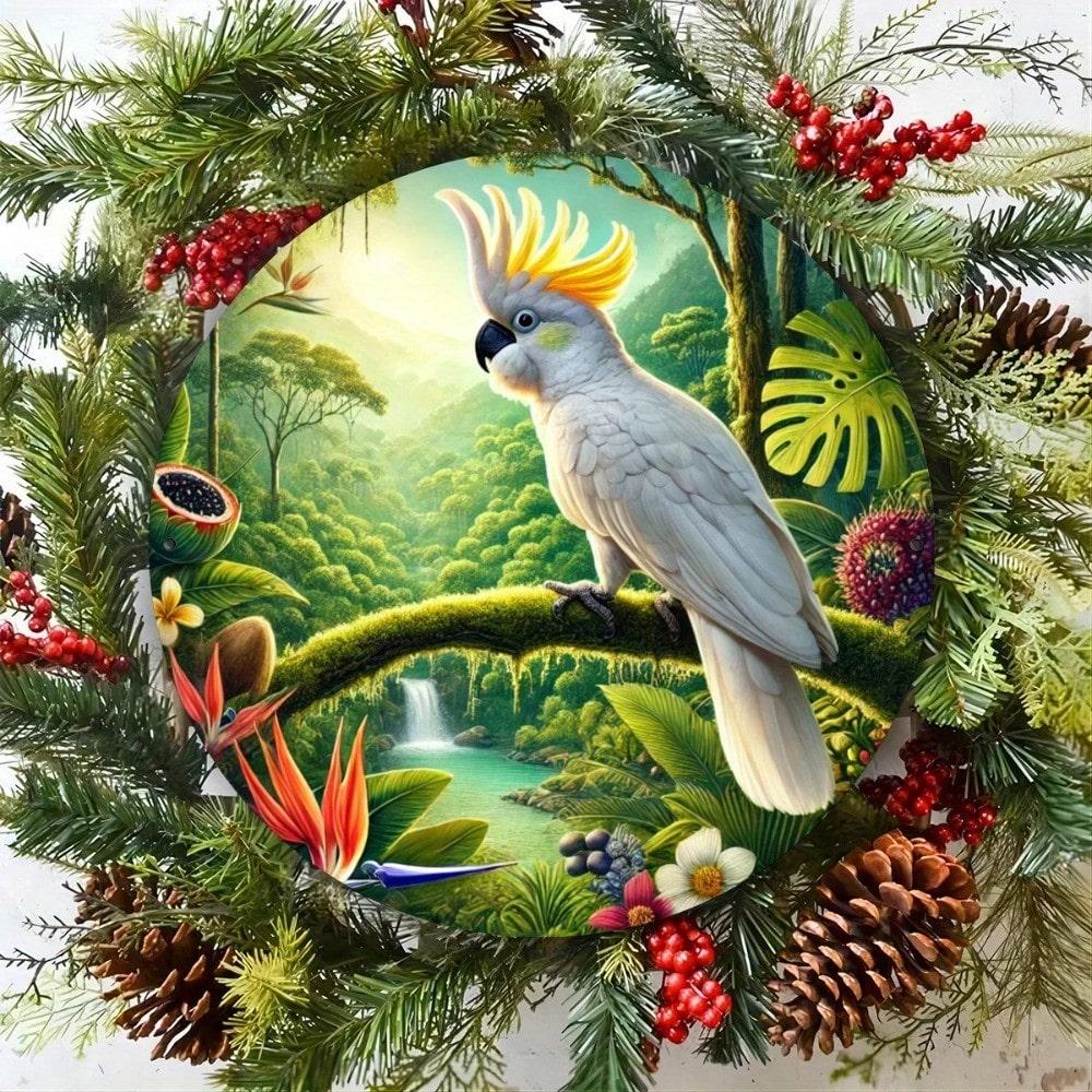 Exotic Cockatoo Parrot D Flat High Definition Metal Wall Art Tropical Jungle Wildlife with Colorful Floral Wreath Pine Cones an