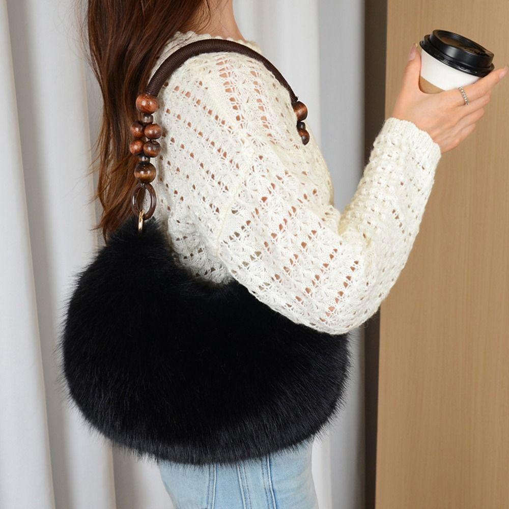 Retro Multicolor Furry Handbag Beads-Chain Handle Soft Tote Bag Faux Fur Oval Shoulder Bag Versatile