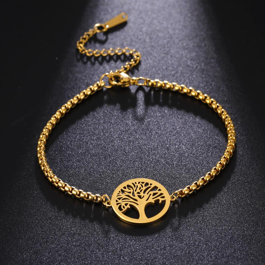 Teamer Vintage Tree of Life Charms Bracelet Women Gold Color Stainless Steel Bracelets 2025 New Jewelry Birthday Gift Wholesale