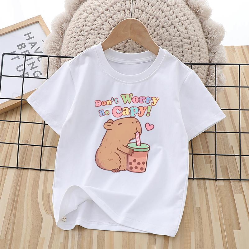 Capybara Child Short Sleeve Tshirt Girls Cartoon Capybara Letters AZ Cotton Tops Kawaii Summer Casual Tees Kids Birthday Gifts