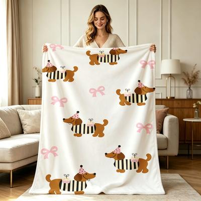 Ganzjahres-Flanell-Kuscheldecke mit süßem Party-Dackel-Hund und rosa Schleifenmuster, weich, warm, gemütlich, leicht, dekorative Decke für Sofa, Couch B