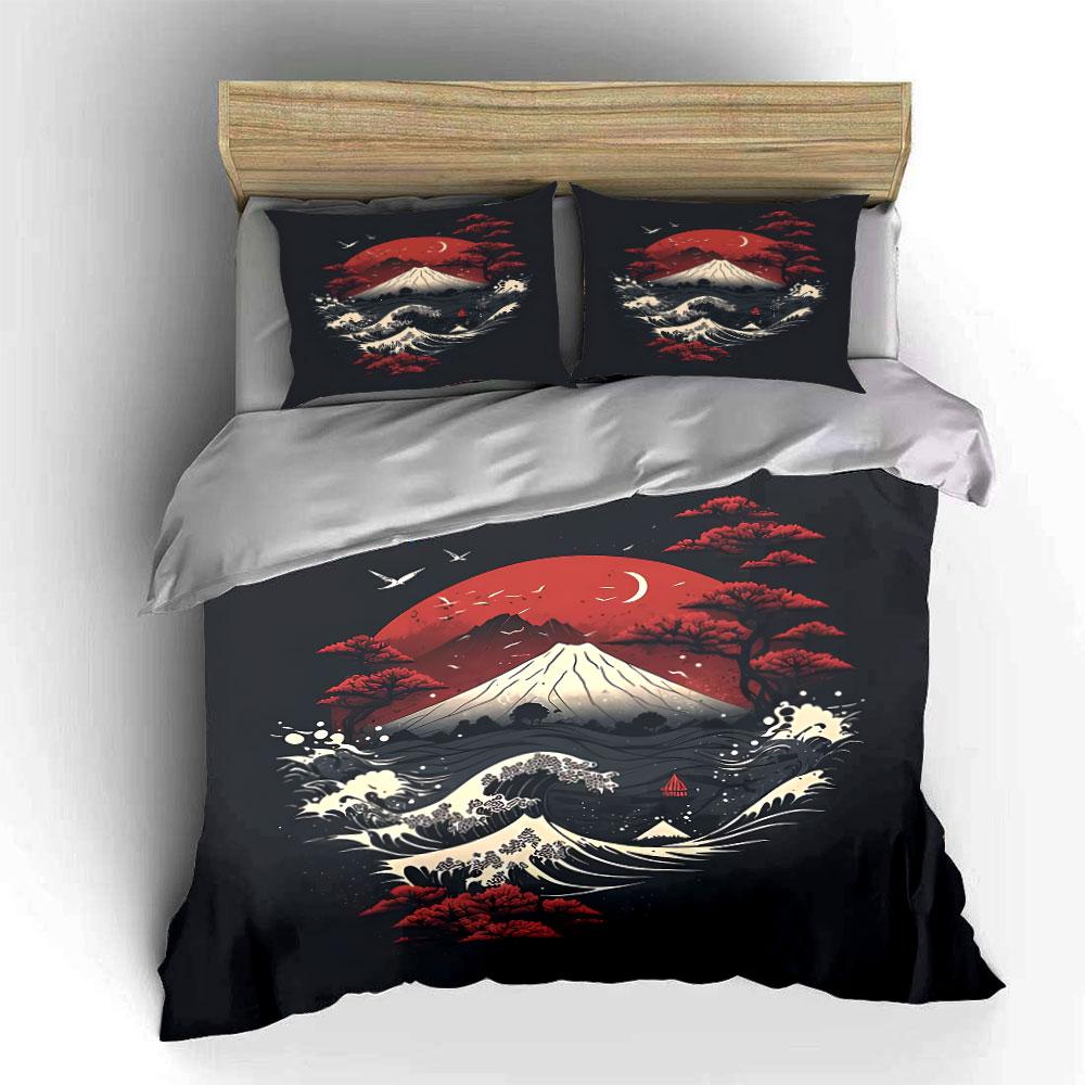 Red Sun and Waves Art Print Bedding Duvet Cover Set Duvet Cover Pillowcases  (1*Duvet Cover 2*Pillowcases, without duvet insert)