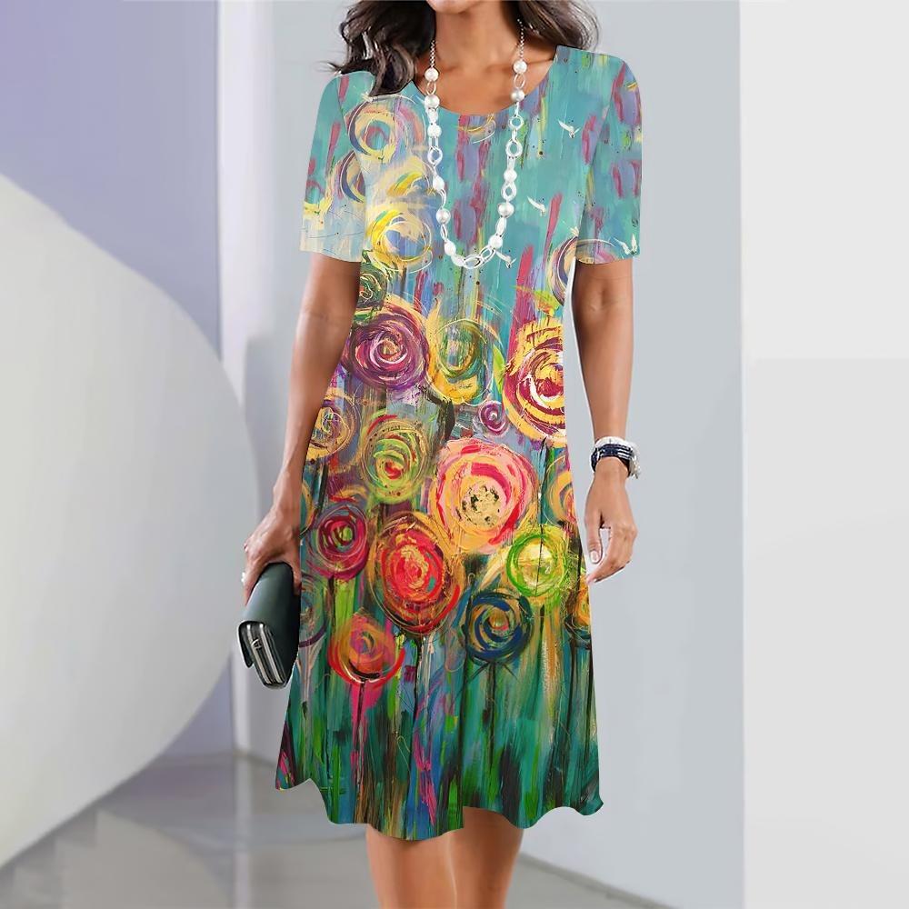2026 Summer New Fashion Floral Print Short-sleeved Dress Women's Elegant Casual Dress