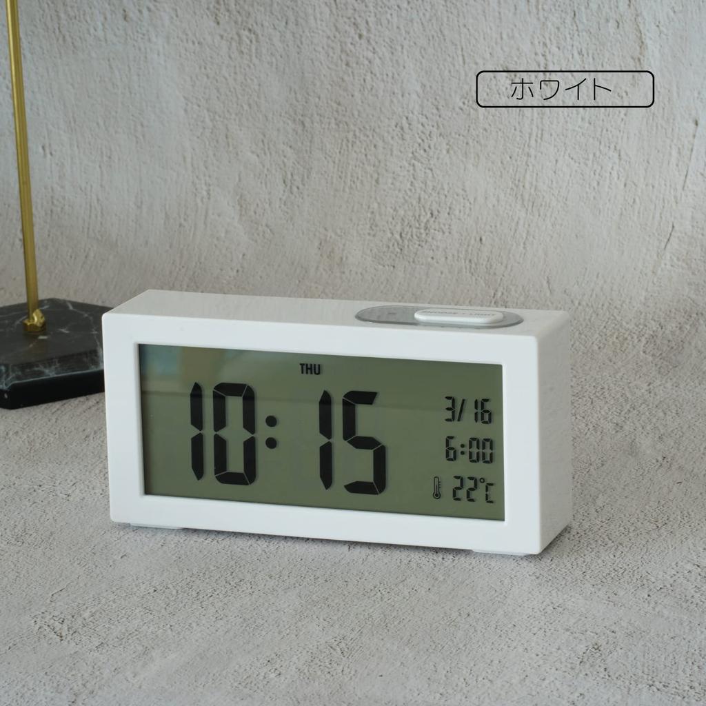 Budzik DEMI Zegar stołowy Prosty cyfrowy budzik Biały Czarny Szary Prostokąt Data Dzień tygodnia Kalendarz Temperatura Alarm Czas Wyświetlacz Podświetlenie