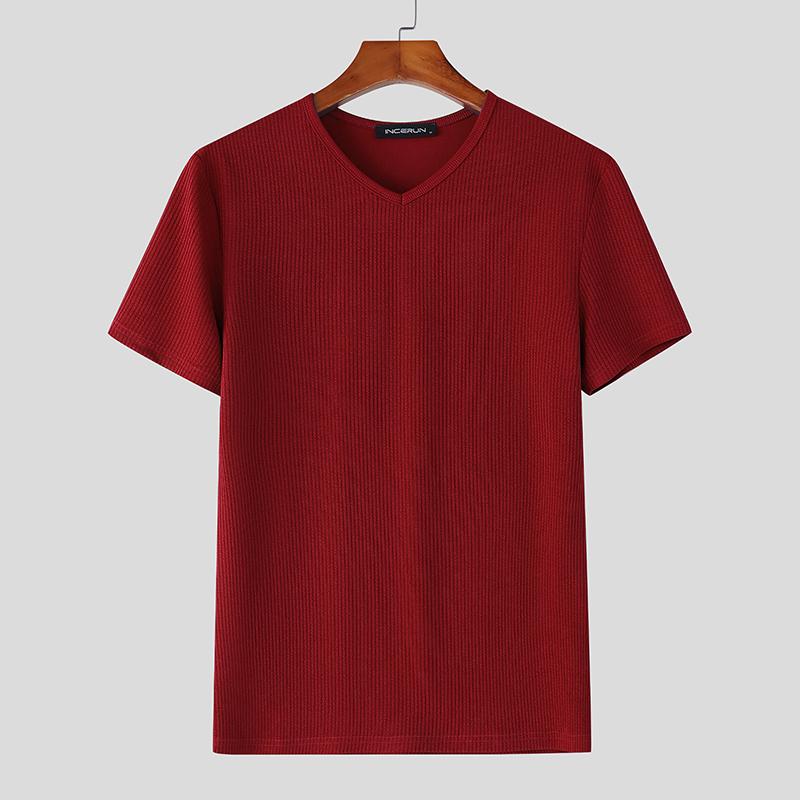 

INCERUN Летние мужские топы и футболки с V-образным вырезом и короткими рукавами в рубчик однотонные 4XL красный