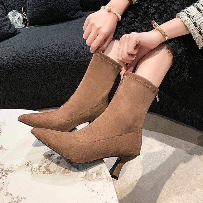 Short boots French slim heel elastic boots for women 2026 versatile soft leather zipper slim boots for women
