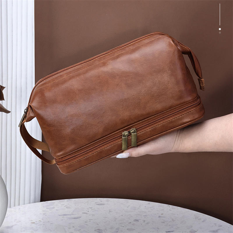 Double-Layered Toiletry Bag for Men Dad Husband Lightweight Leather Travel Shaving Kit Organizer Cosmetic Zipper Pouch
