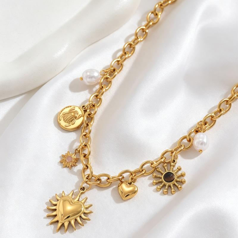 Hot-selling light luxury fashion gold-plated sunflower moon love gemstone pearl accessories pendant chain necklace batch