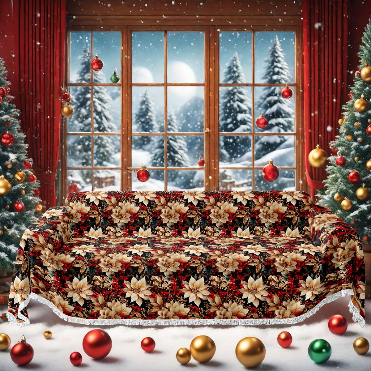 

Christmas Style Sofa Throw Blanket Cat-Proof, All-season Universal Sofa Cover Living Room Floral Sofa Covers Christmas Decor 180x130cm
