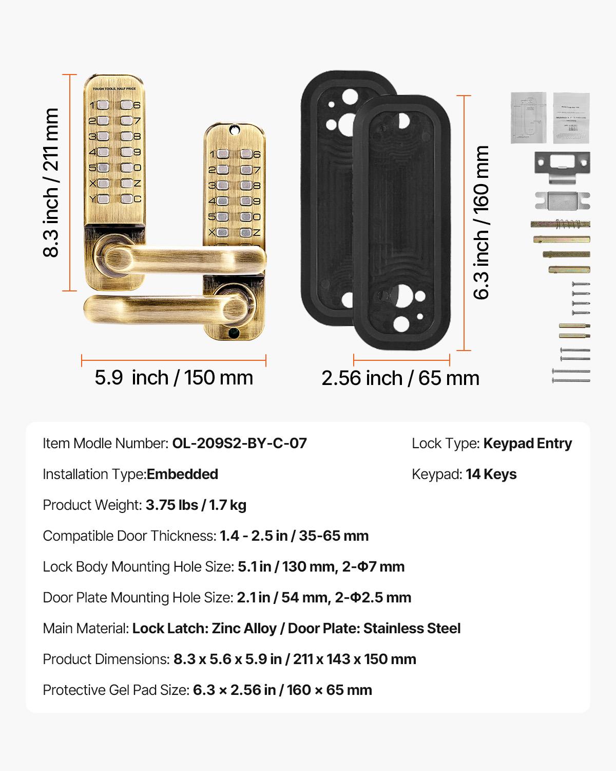 

SucceBuy Mechanical Keyless Entry Door Lock 14 Key Mechanical Door Lock, Mechanical Keypad Door Lock Handle Double-Sided Lock бронзовый