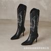 Designer ethnic style embroidered high knight boots leather thin V-mouth western cowboy boots pointed stiletto boots